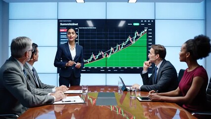 Businesswoman leading a presentation with a large screen displaying a financial growth chart to a diverse team in a modern conference room. - Powered by Adobe