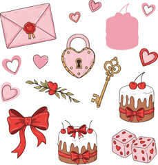 PHand-drawn Valentine&rsquo;s Day sticker set, cute pink coquette aesthetic elements, hearts, cake, and ribbons, vector illustration.rint