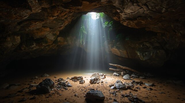 Interior goa mini dari tanah liat, gelap lembut dengan dinding melengkung basah. Tetesan air jatuh perlahan dari langit-langit batu, setiap jatuh memunculkan getaran bulat lucu seperti gelombang musik