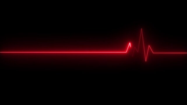 Glowing red neon heart pulsating with electrocardiogram line on dark grid background medical cardiology health 4K HD video...