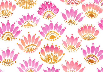 Decorative seamless floral pattern with pink and gold watercolor petals in boho style on white background