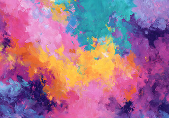 Vibrant abstract painting in vivid pink, turquoise, yellow and purple colors with expressive brush strokes