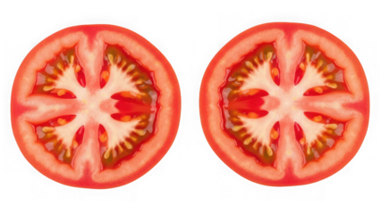 Two slices of fresh red tomato cross section isolated on transparent background