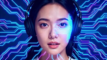 Woman with futuristic circuit design on face - Powered by Adobe