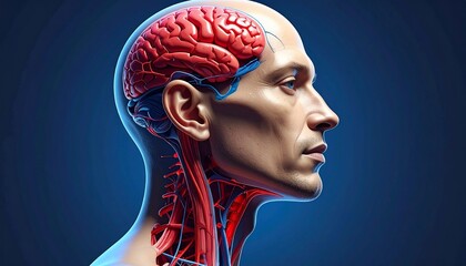 Side profile of a man, head translucent showing brain & vascular system