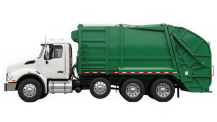 Green rear loader garbage truck isolated on transparent background
