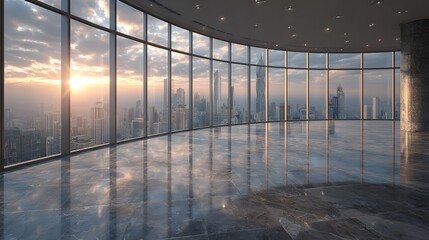 Interior view of an empty office floor with floor-to-ceiling windows overlooking a city skyline and daylight reflection on polished floors.