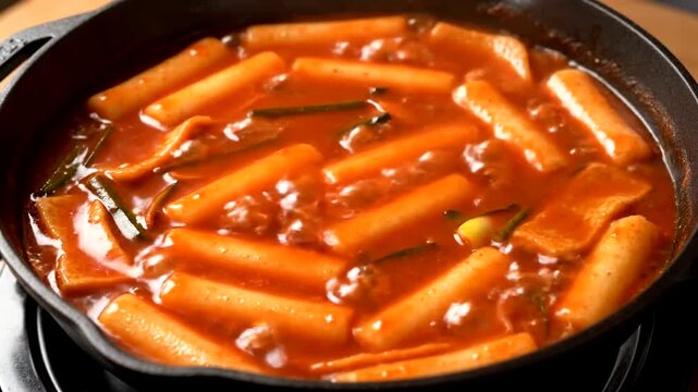 Delicious Tteokbokki Korean Rice Cakes Simmering in Spicy Sauce.