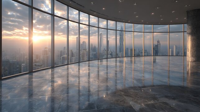 Interior view of an empty office floor with floor-to-ceiling windows overlooking a city skyline and daylight reflection on polished floors.
