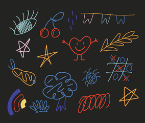 Doodle sketches set. Abstract charcoal and crayon drawings, kids design elements. Chalk and pencil drawn heart.