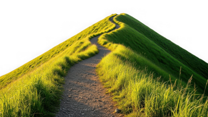 Winding dirt path leading up a steep grassy hill to the summit isolated on transparent background