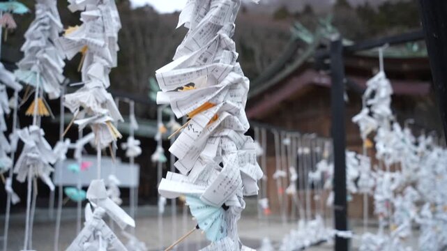 Tied paper fortunes hanging in Hachimangu Shrine Hakodate Japan. Close up