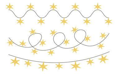 Star light garland for festive Christmas decoration. Long horizontal electric string with glowing starry decor.