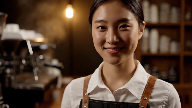 Portrait of a smiling young Asian barista ready to serve customers in her welcoming and modern coffee shop, offering a delightful beverage experience
