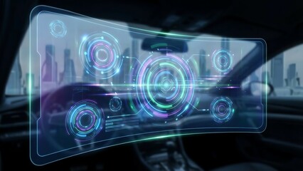 A futuristic digital touch screen interface on a mobile phone with a blue background displays a global network map and data circles representing world communication technology