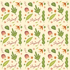 Botanical pattern with earthtone color completed with neutral background. Floral illustration