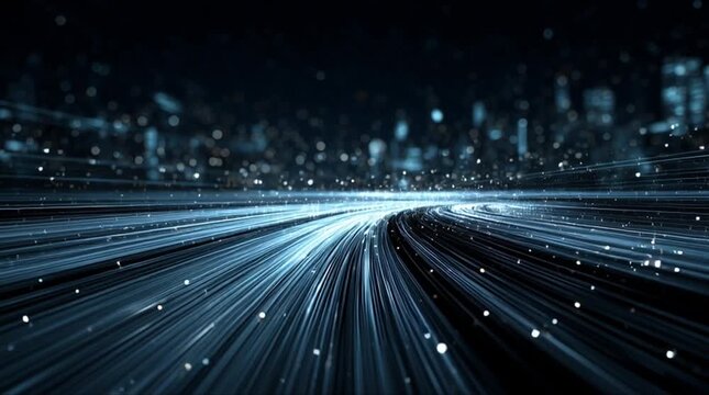 High-speed digital data trails and blue light fiber optics moving through futuristic cyber city at night (AI Generated)