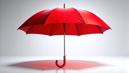 A vibrant red umbrella stands open against a clean, light grey background, casting a distinct shadow.