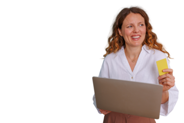 Woman standing, smiling, holding a laptop and credit card, representing secure, happy online banking and shopping on transparent background