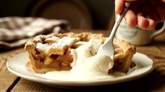 Delicious Apple Pie Slice with Vanilla Ice Cream Close-Up.