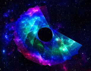 Abstract depiction of celestial shapes vibrant hues, a dark void, set against cosmic backdrop