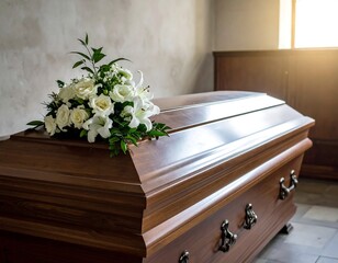 Wooden casket with floral arrangement inside a chapel with light