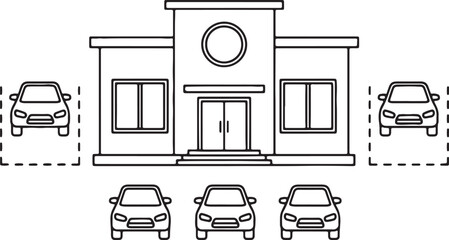 Simple line of a modern building with cars parked in front and on the sides representing a parking lot or a public facility with available parking spaces for visitors and also transparent background