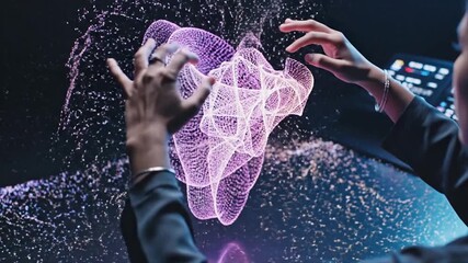 Interactive Holographic Display - Hands Manipulating Digital Data Visualization. - Powered by Adobe