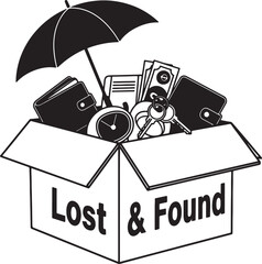 Lost and found box overflowing with personal including wallets, keys, money, and an umbrella, symbolizing misplaced belongings and retrieval also transparent background
