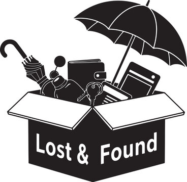 Black silhouette of an open box filled with various like an umbrella wallet keys and a phone under an umbrella symbolizing a lost and found collection point also transparent background