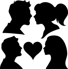 Close up silhouette profiles of couples in love and romantic connection with heart symbol on transparent background