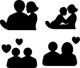 Silhouettes illustrating various forms of affectionate relationships including romantic couples embracing mother and child bond and loving partnerships symbolizing connection closeness and devotion