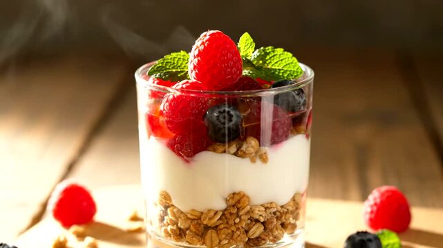 Delicious Berry Parfait with Granola and Yogurt in Glass.