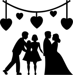 Family and couple silhouettes standing under hanging heart decorations representing wedding or anniversary celebration with bride and groom and young girl holding hands together