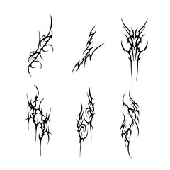 Set of neo tribal cyber sigilism hand drawn symmetrical shapes vector design isolated on white background for tattoo, dark fashion prints elements, and gothic decoration template