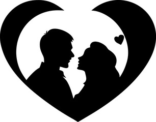 Romantic couple silhouette looking at each other inside large heart frame with small heart symbol in background representing valentines day love and engagement or wedding concept