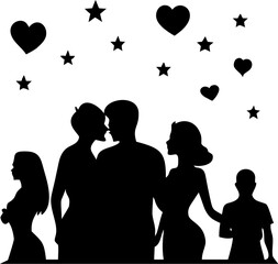 Silhouettes of couples and individuals celebrating love with hearts and stars scattered above a group of people including two couples showing affection and other figures standing nearby