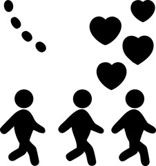 Abstract illustration of three walking stick figures with a trail of small oval shapes and three large hearts floating above them representing motion and affection