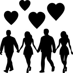 Silhouettes of two couples holding hands with four large hearts floating above them symbolizing strong relationships and shared affection