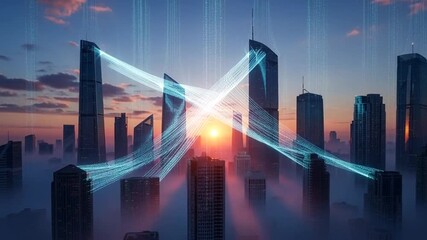 Futuristic cityscape with digital data streams and skyline at sunset - Powered by Adobe