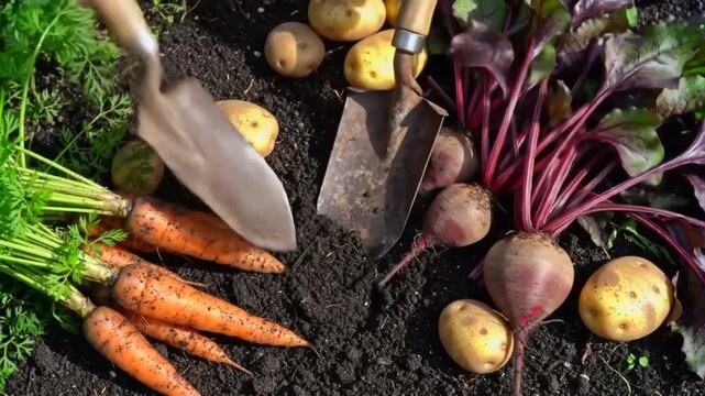 Harvested root vegetables and potatoes lie on rich soil with a trowel.