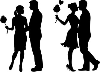Romantic couples silhouettes set of four illustrations showing stages of love from first meeting with rose to passionate kiss and shared moment of togetherness