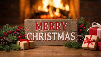 Christmas Cheer and Warmth: A wooden sign that radiates seasonal greetings next to beautifully wrapped gift boxes and festive decorations on a wooden table, with a warm fireplace in the background.