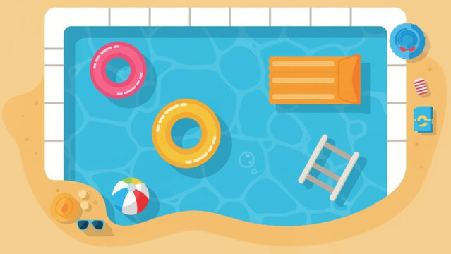 Top down view of a swimming pool with colorful inflatable toys.