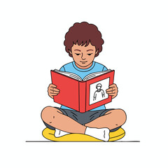A child sits cross-legged, engrossed in a red book with a picture