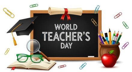 World Teachers Day chalkboard graduation cap apple