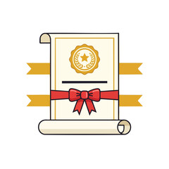 A diploma tied with a red ribbon and gold seal, accented with gold ribbons