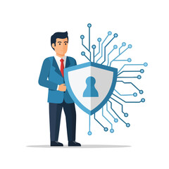 A businessman with a shield and a circuit board, representing cybersecurity