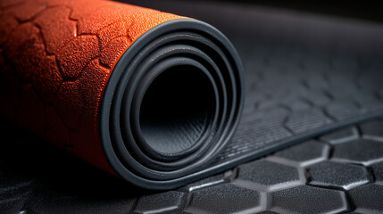 Rolled exercise mat with textured surface in orange and black color scheme