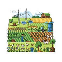 Illustrated farm scene with wind turbines, crops, animals, tractor, and renewable energy